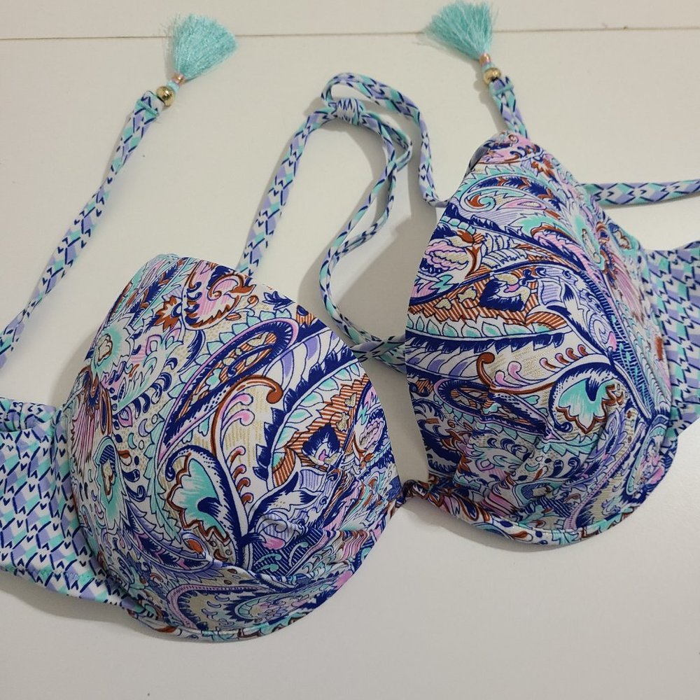 Victoria's Secret 'The Fabulous' Purple Blue Printed Tasses Swim Bikini Top 34DD